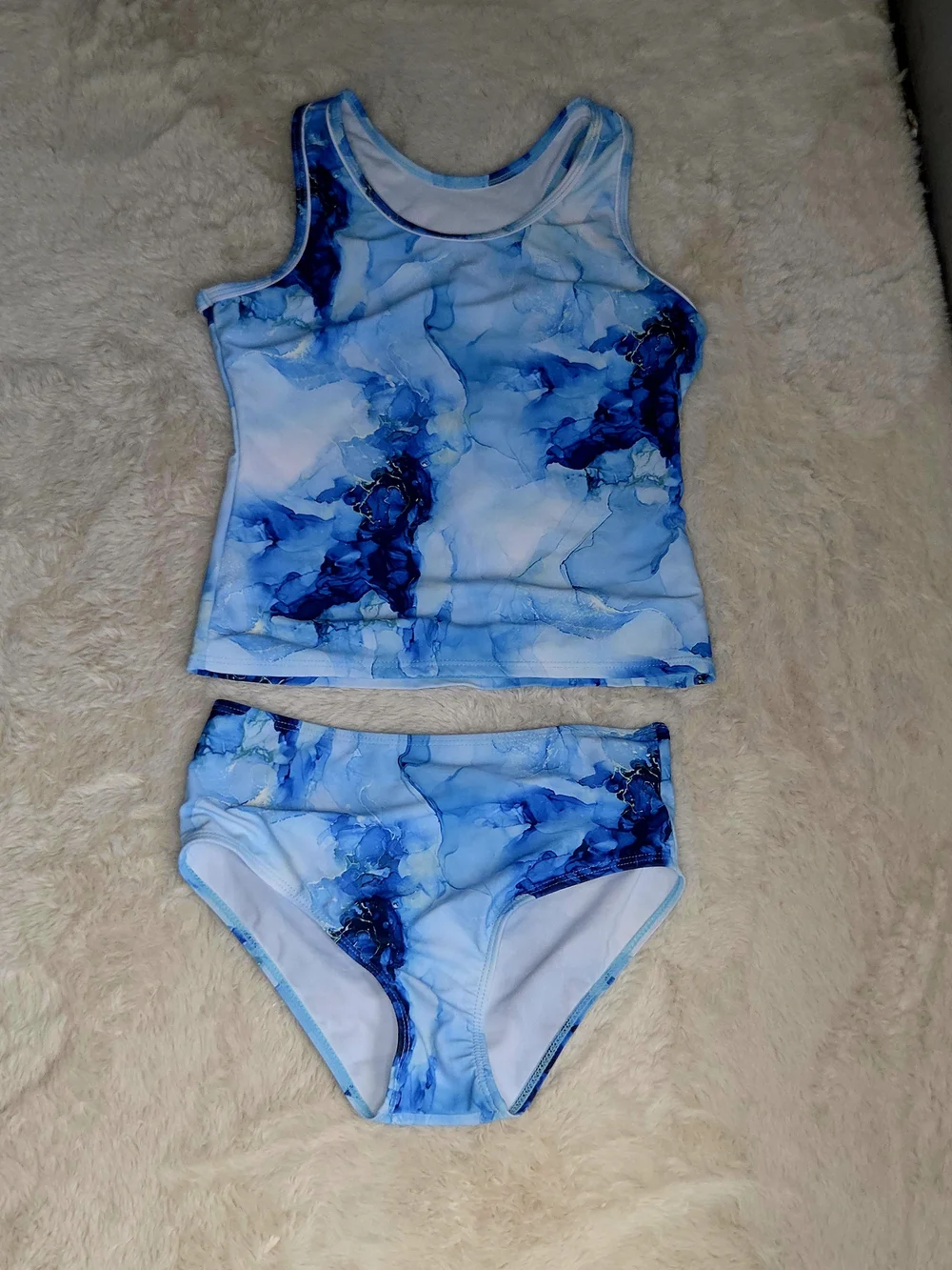 Girls Lovekider Blue Marble Print 3-Piece Swimsuit Set Size 12